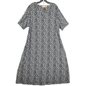 LaCera Midi Dress 1X Made In India Cotton Knit Short Sleeve Blue White Stretch